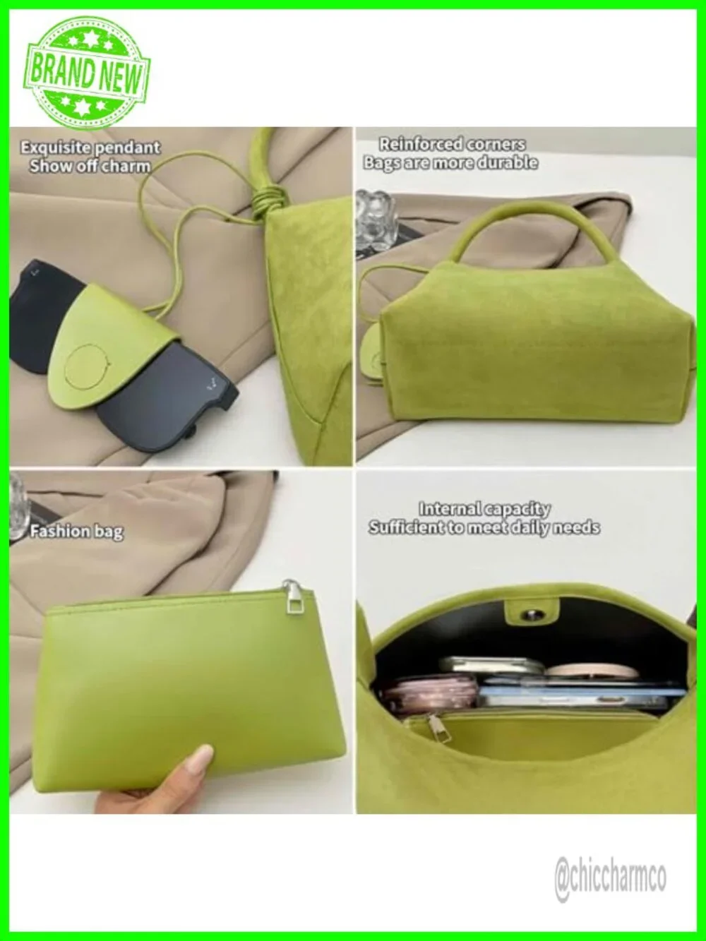 Faux Leather Suede Shoulder Bag Tote with Zipper Set
